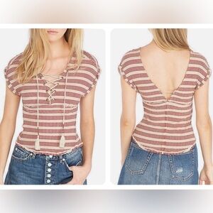 Free People We The Free Sail Out Tee Red Tan Striped Tie Font Top Size Small